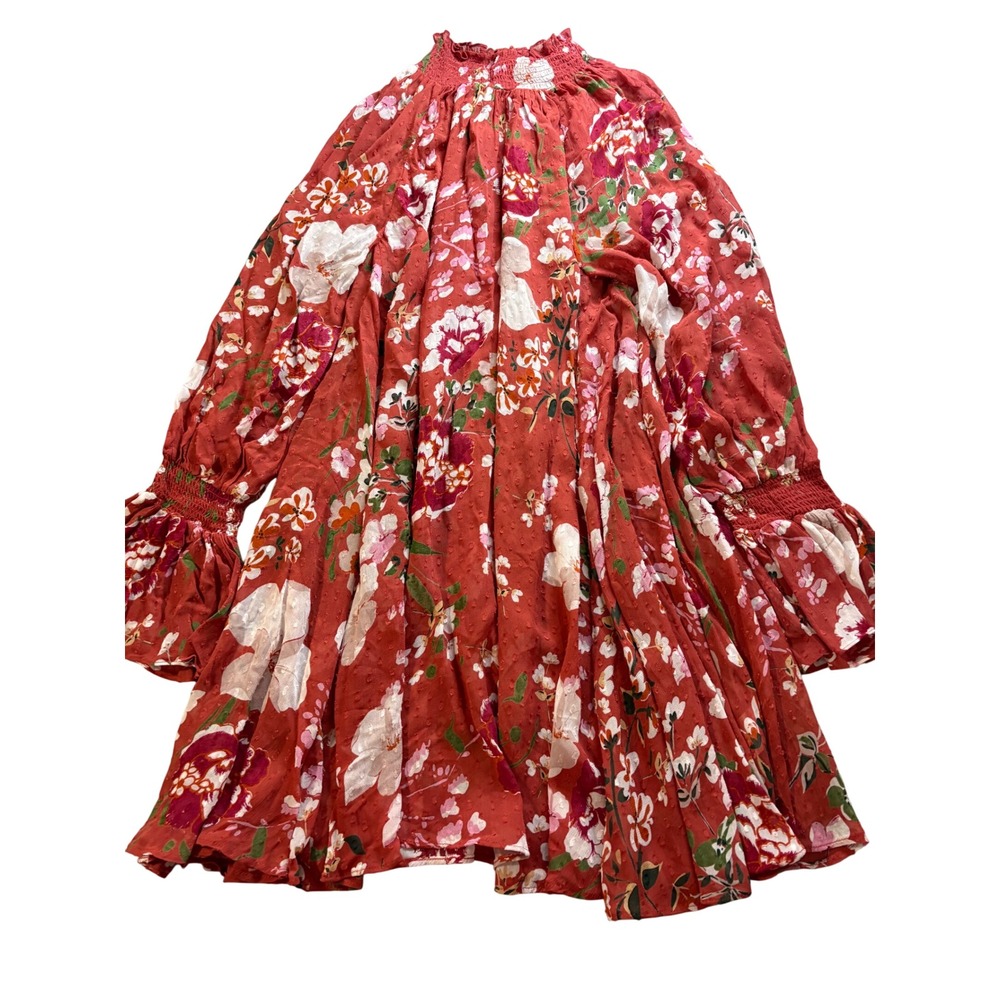 byTiMo Floral Swiss Dot Smocked Mock Neck Mini‎ Dress Rust Red S Shift Botanical
